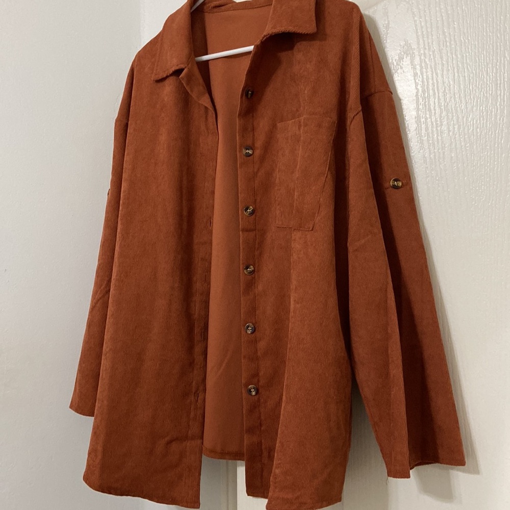 SHEIN Rust Brown Oversized Corduroy Roll-Up Sleeve Blouse - Picture 2 of 6